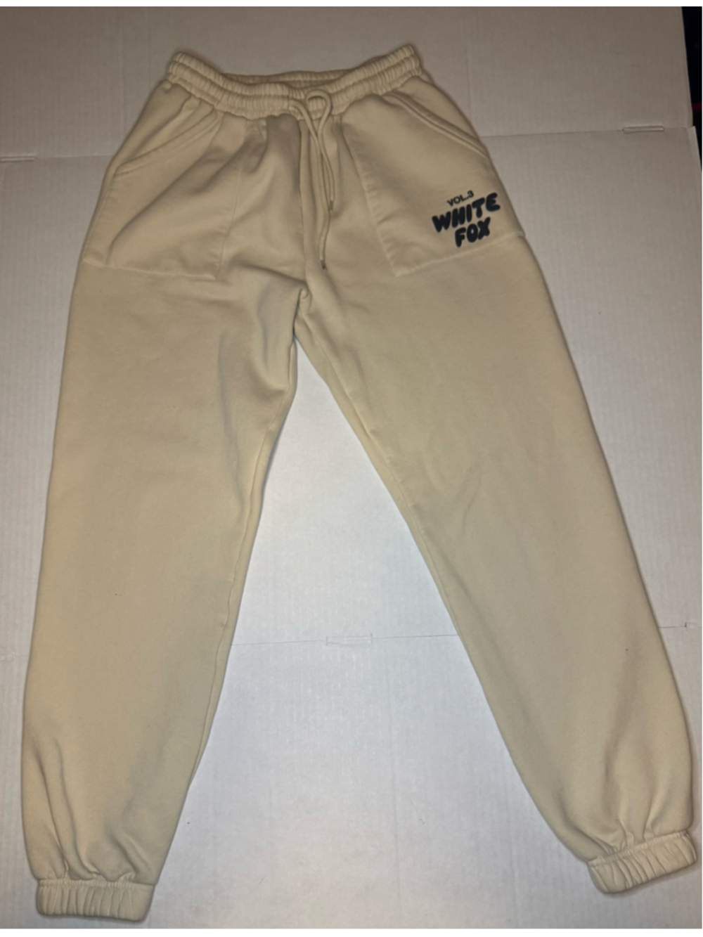 Women's White Fox Joggers Size S Beige Black Logo Sweatpants